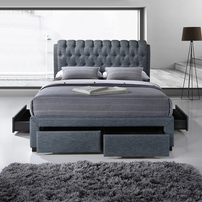 Smoke Grey Fabric Bed With 4 Drawers Storage