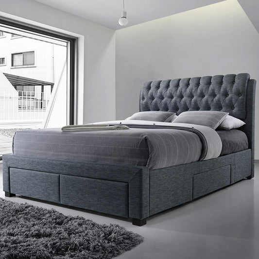 Smoke Grey Fabric Bed With 4 Drawers Storage