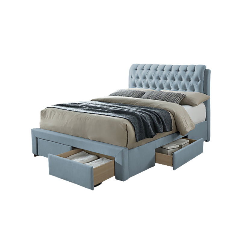 Soft Blue Fabric Bed With 4 Drawers Storage