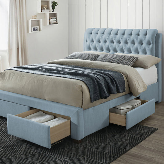 Soft Blue Fabric Bed With 4 Drawers Storage