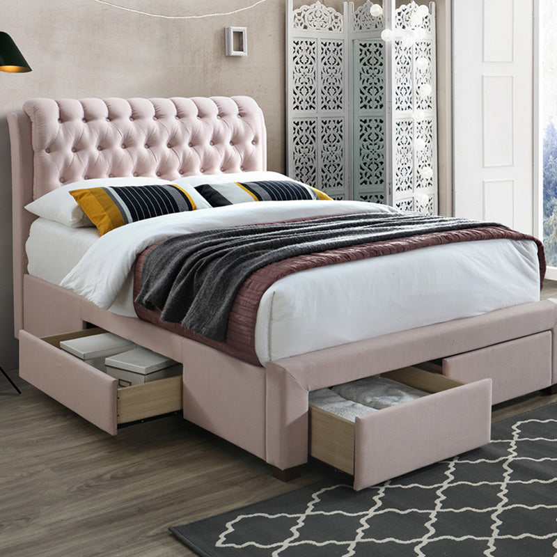 Baby Pink Fabric Bed With 4 Drawers Storage