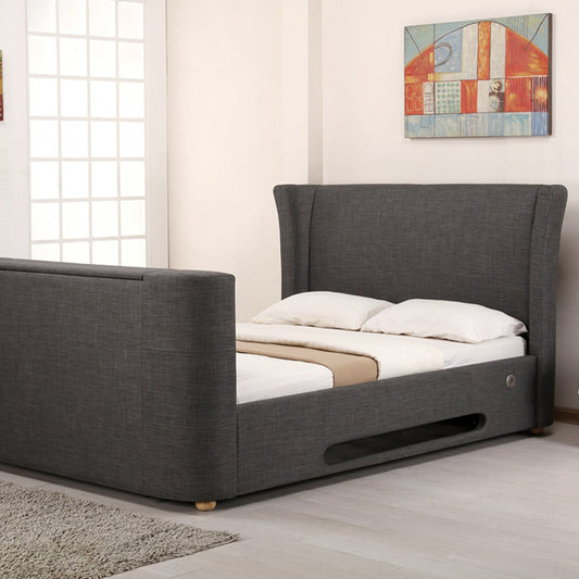 Rhino Grey Fabric Bed With Built-in Bluetooth, Audio & TV