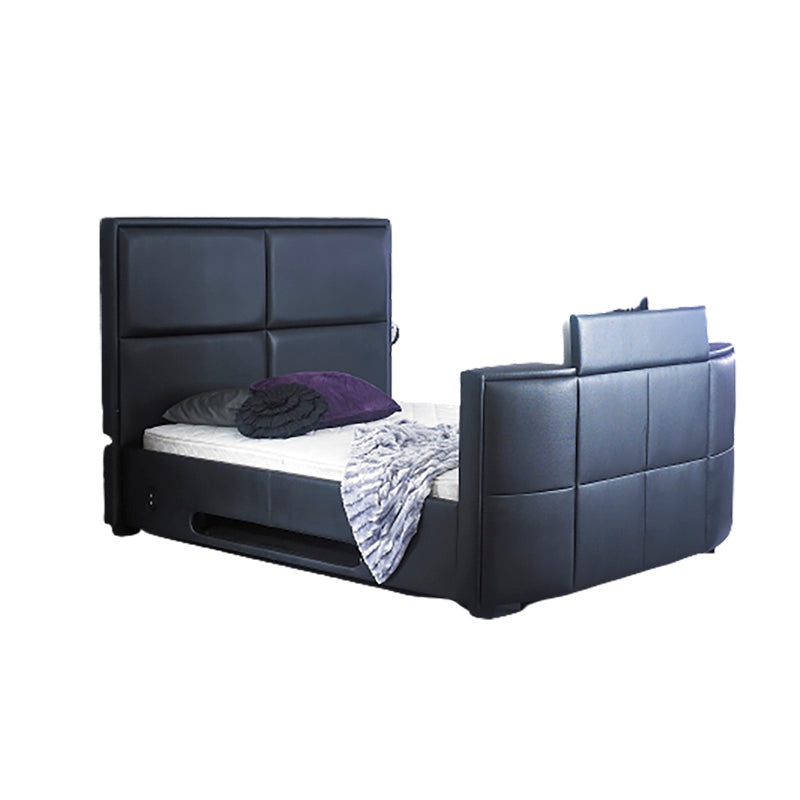 Midnight Black Bonded Leather Bed With Built-in Bluetooth, Audio and TV