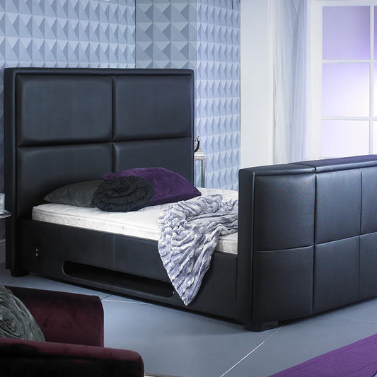 Midnight Black Bonded Leather Bed With Built-in Bluetooth, Audio and TV