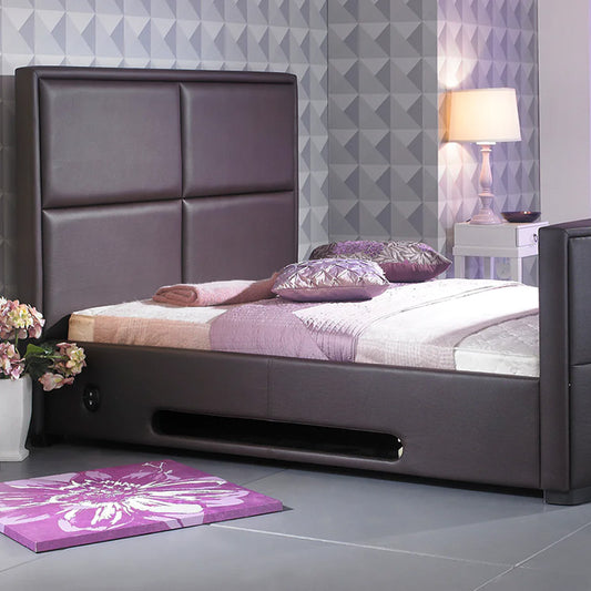 Chocolate Bonded Leather Bed With Built-in Bluetooth, Audio and TV