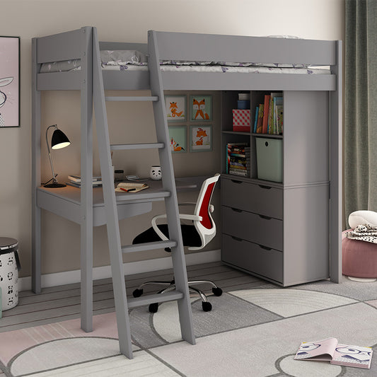 Estella Grey High Sleeper With Corner Desk, Chest of 3 Drawers And Cube Storage Unit - 3ft