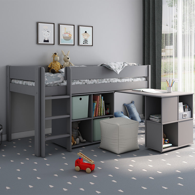 Estella Grey Mid Sleeper with Cube Storage Unit and Pull Out Desk - 3ft