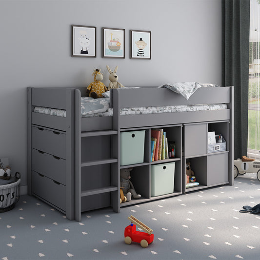 Estella Grey Mid Sleeper with Cube Storage Unit, Chest Of Drawers and Pull Out Desk - 3ft