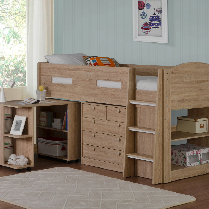 Pastel Mid Sleeper Oak With Desk And Drawer Unit