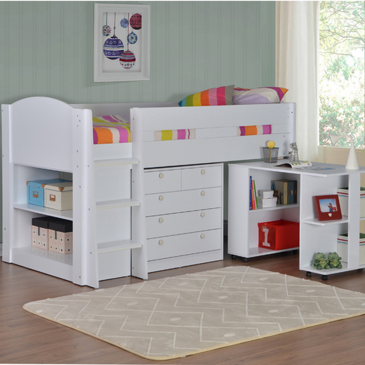 Pastel Mid Sleeper White With Desk And Drawer Unit