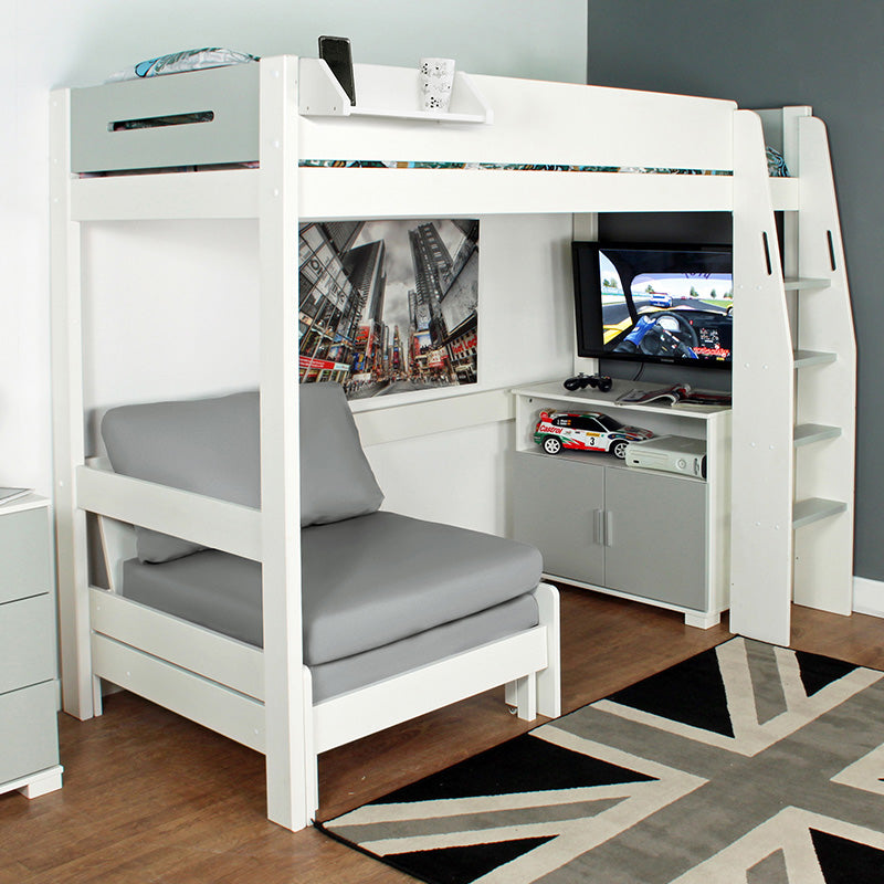 Urban Grey & White High Sleeper with Chest of Drawers & Futon Sofa Bed