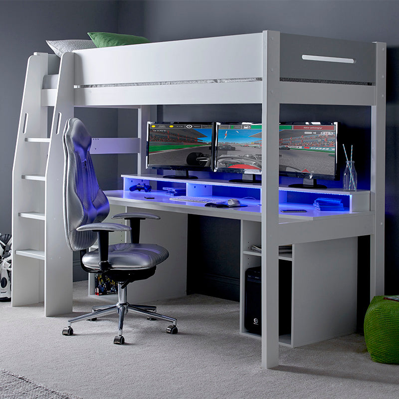 Urban High Sleeper PC Gaming Bed In White & Grey With Built in Storage, LED Light & Integrated Wireless Charger