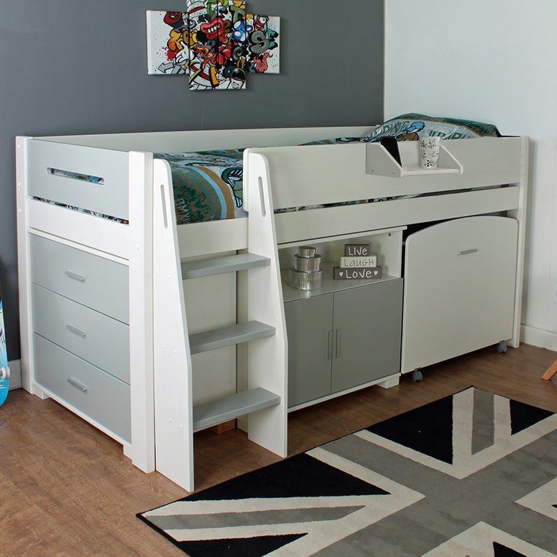 Urban Grey & White Mid Sleeper with Cupboard, Drawers & Pull Out Desk