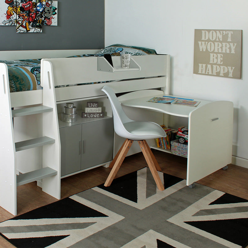 Urban Grey & White Mid Sleeper with Cupboard & Pull Out Desk