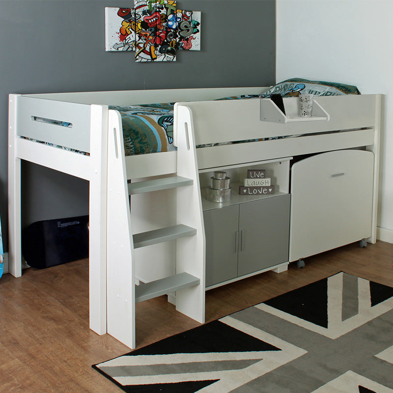 Urban Grey & White Mid Sleeper with Cupboard & Pull Out Desk