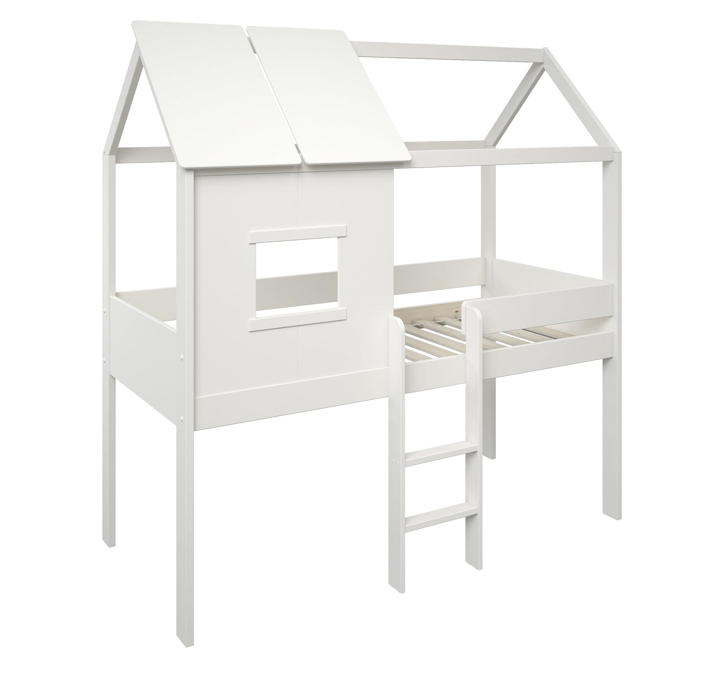 White Midi Playhouse Single Bed With 1no. Storage Cube & Pull Out Desk  - 3ft