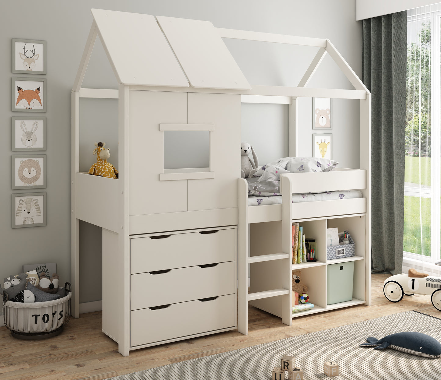 White Midi Playhouse Single Bed With 1no. Storage Cube & Chest Of Drawers - 3ft