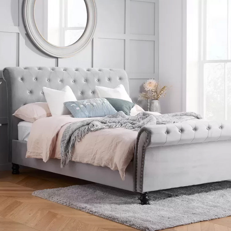 Elegence Grey Velvet Fabric Sleigh Bed