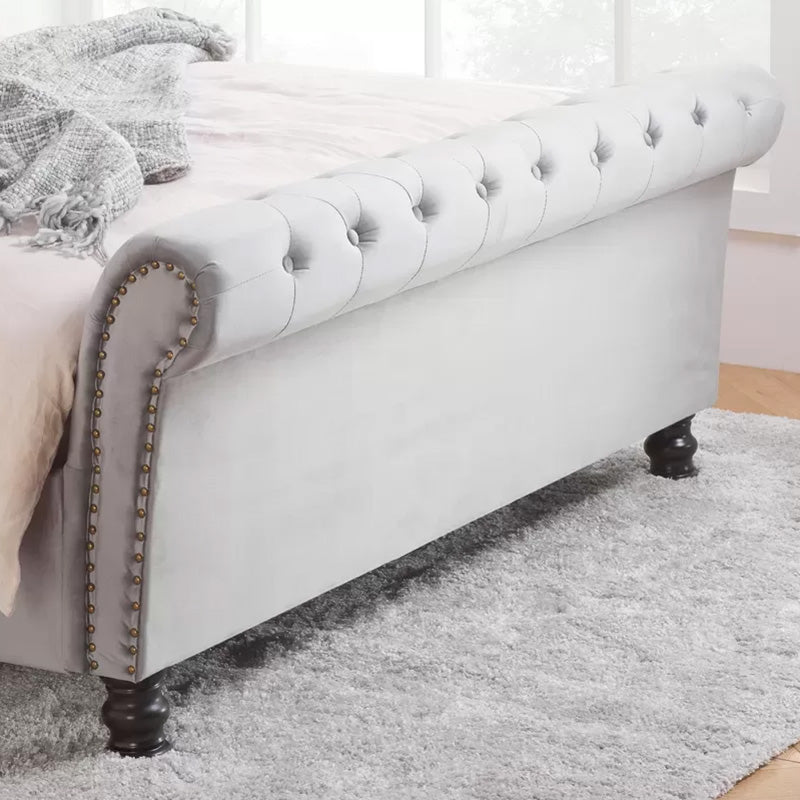 Elegence Grey Velvet Fabric Sleigh Bed