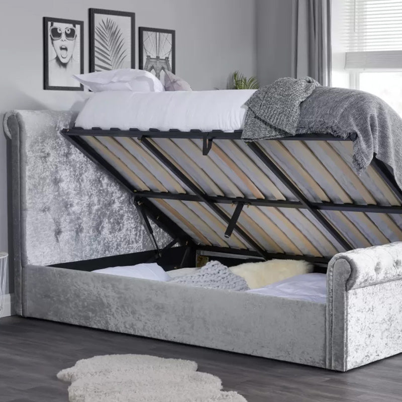 Umber Double Steel Crushed Velvet Ottoman Storage Bed