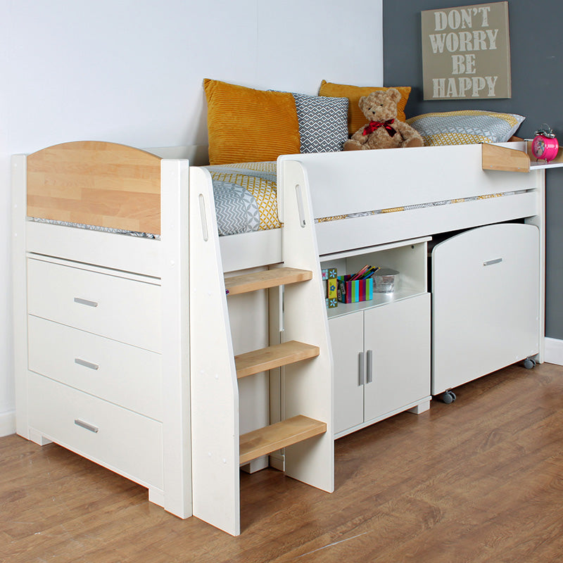 Urban Birchwood Mid Sleeper with Pull Out Desk, Chest Of Drawers & Cupboard