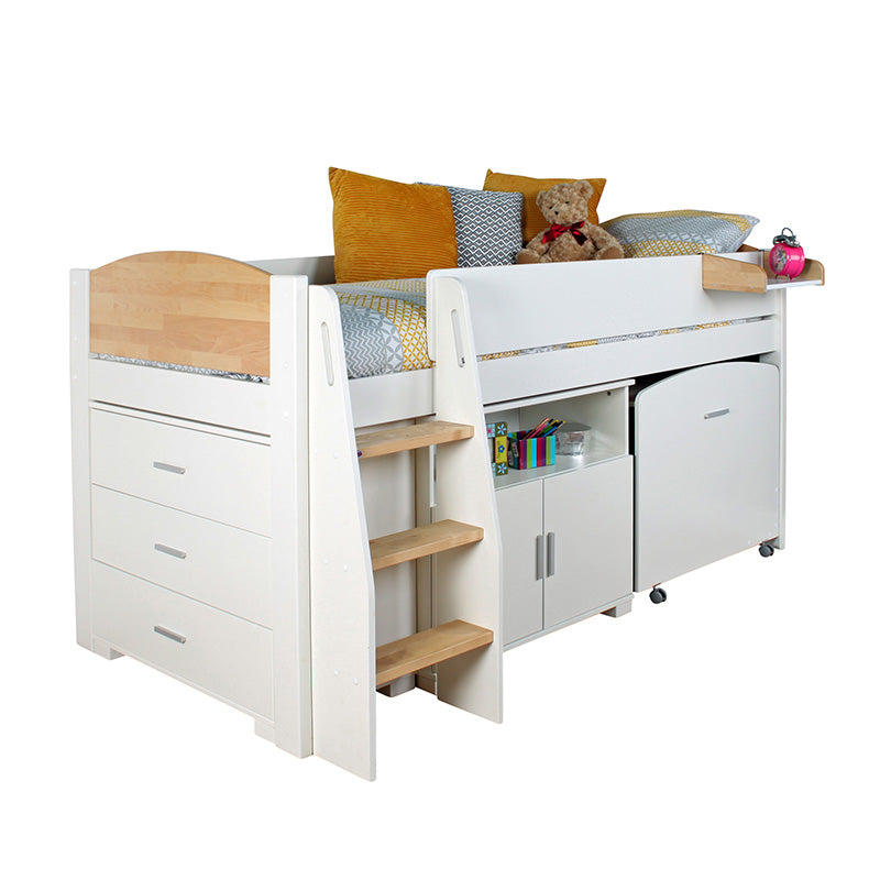 Urban Birchwood Mid Sleeper with Pull Out Desk, Chest Of Drawers & Cupboard