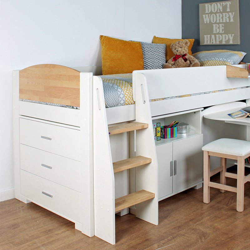 Urban Birchwood Mid Sleeper with Pull Out Desk, Chest Of Drawers & Cupboard