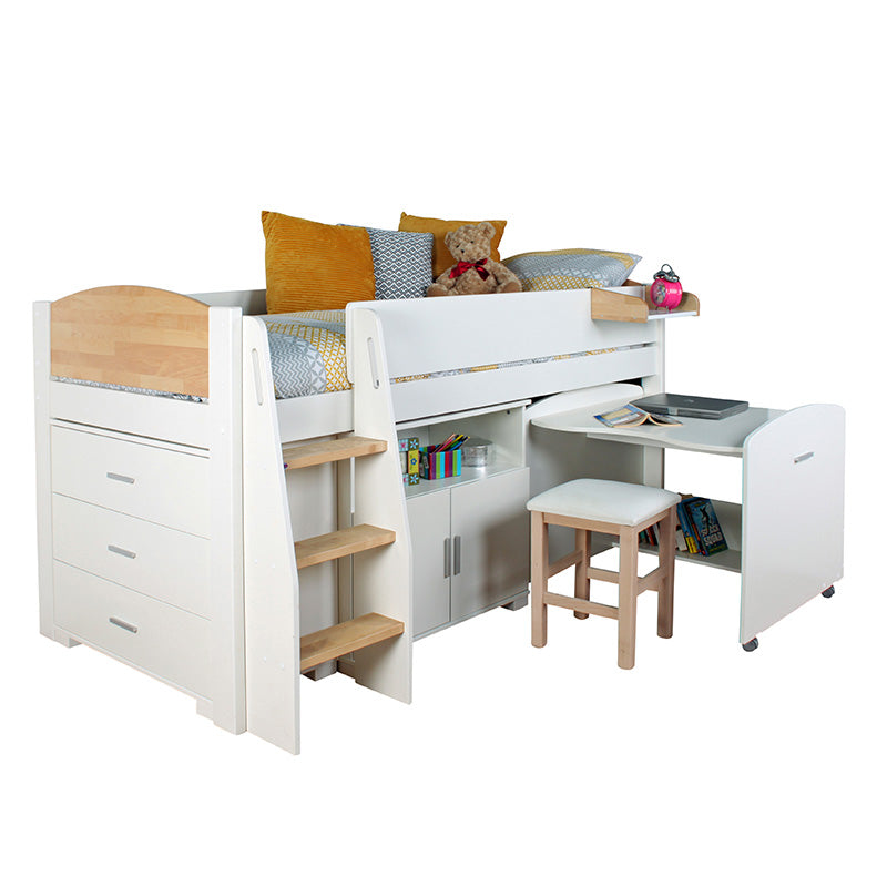 Urban Birchwood Mid Sleeper with Pull Out Desk, Chest Of Drawers & Cupboard