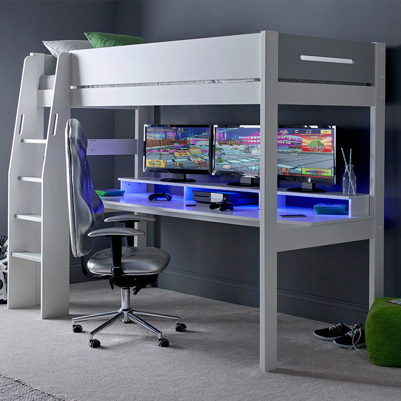 Urban High Sleeper Console Gaming Bed In White & Grey With LED Light & Integrated Wireless Charger