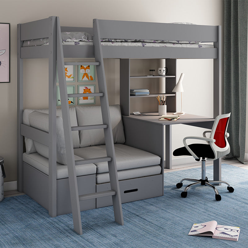 Estella Grey High Sleeper Bed with Storage, Desk, Shelves & Futon