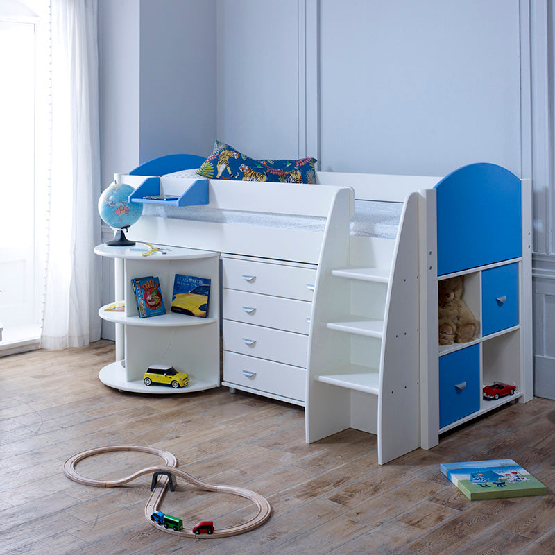 Eli E Mid Sleeper With Pull Out Desk, Chest of 4 Drawers And Cube Storage Unit - 3ft Single