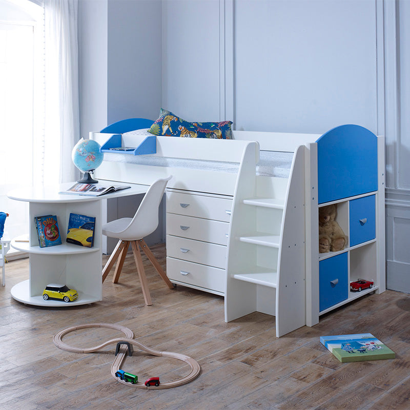 Eli E Mid Sleeper With Pull Out Desk, Chest of 4 Drawers And Cube Storage Unit - 3ft Single