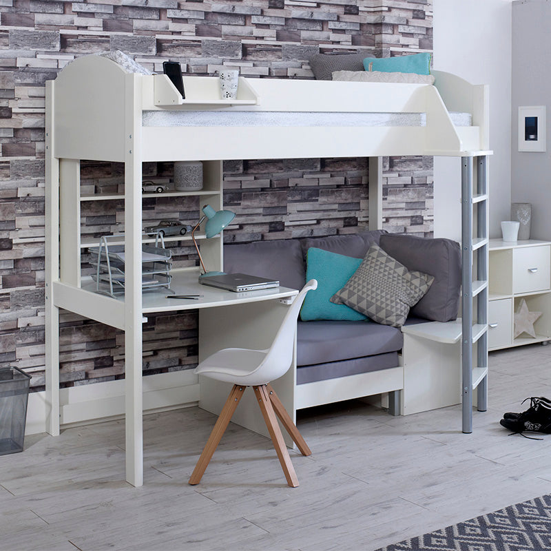 Noah High Sleeper Bed with Desk, Shelf Unit & Futon Sofa Bed