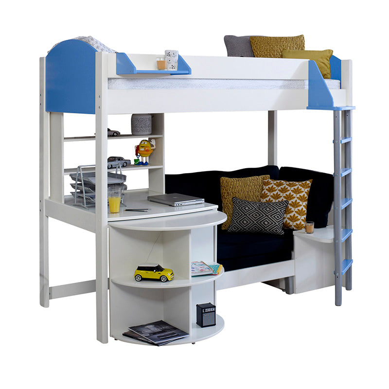 Noah High Sleeper Bed with Extendable Curved Desk, Shelf Unit & Futon Sofa Bed