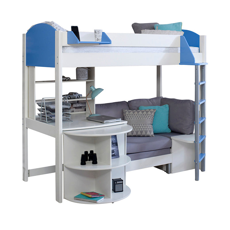 Noah High Sleeper Bed with Extendable Curved Desk, Shelf Unit & Futon Sofa Bed