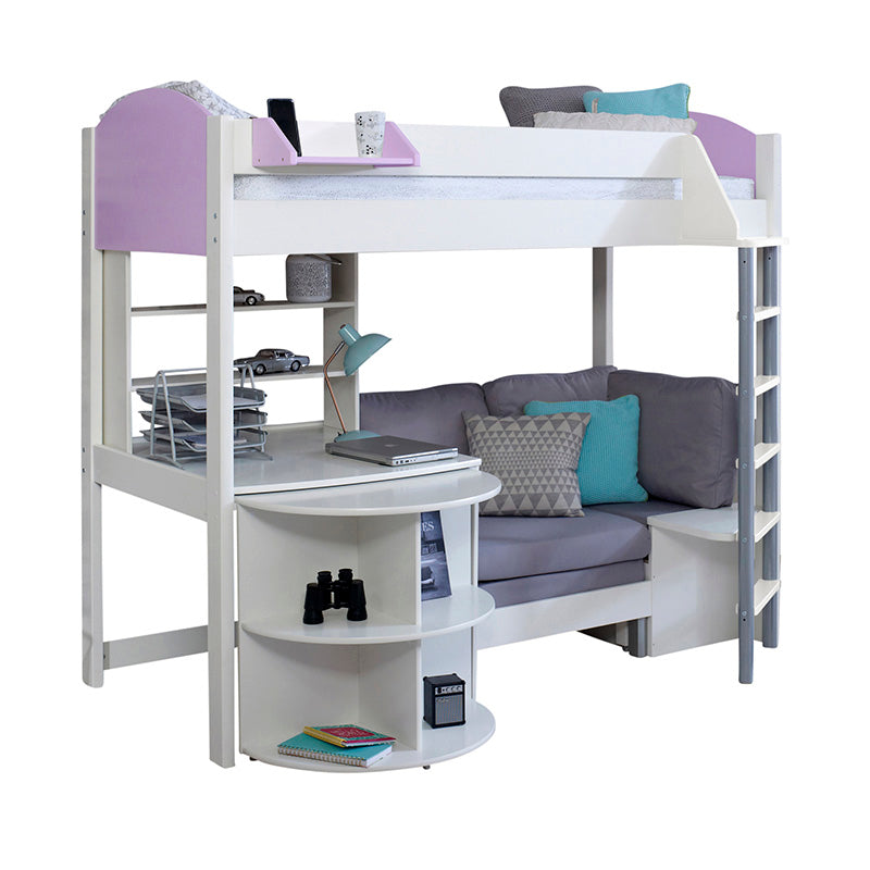 Noah High Sleeper Bed with Extendable Curved Desk, Shelf Unit & Futon Sofa Bed