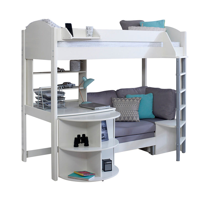 Noah High Sleeper Bed with Extendable Curved Desk, Shelf Unit & Futon Sofa Bed